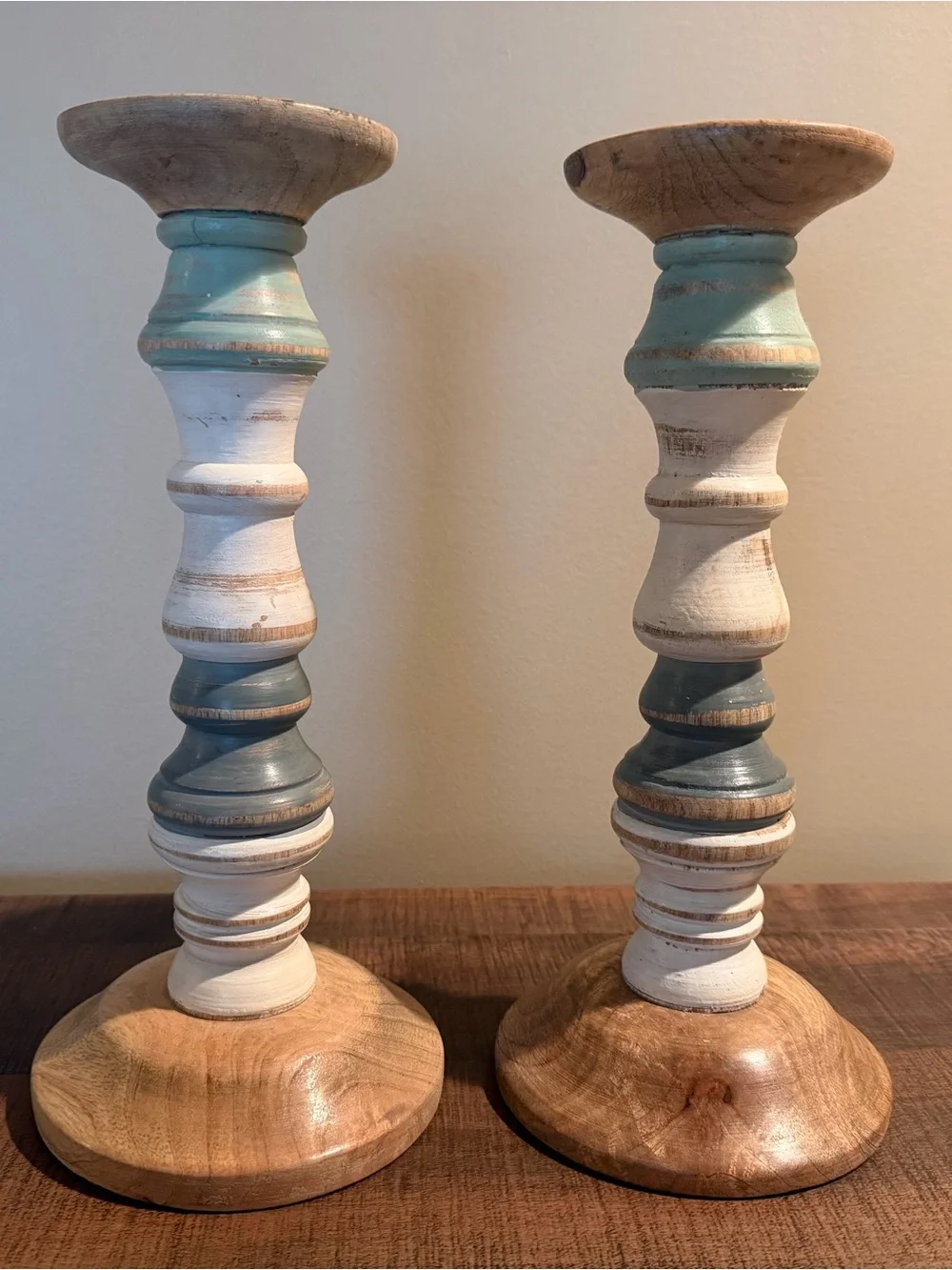 Pier 1 Distressed White and Blue Painted Wooden Candlesticks